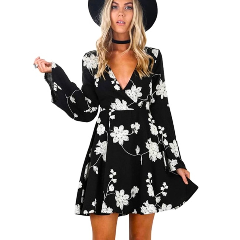 Black and white floral skater dress